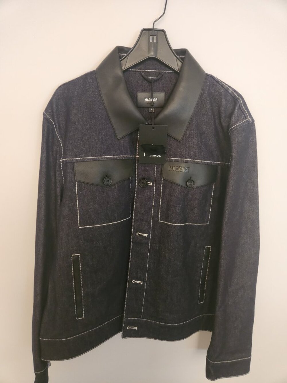 NWT Mackage Nash Denim Trucker Jacket Leather Trim Contrast Stitch 46 New